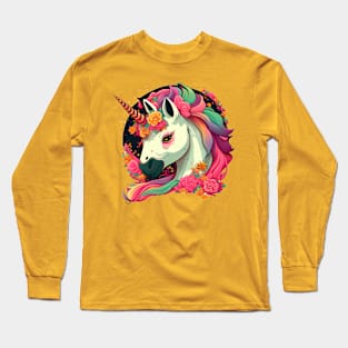 Whimsical Charm: A Cool and Colorful Fantasy Comic-Style Unicorn Emblem Long Sleeve T-Shirt